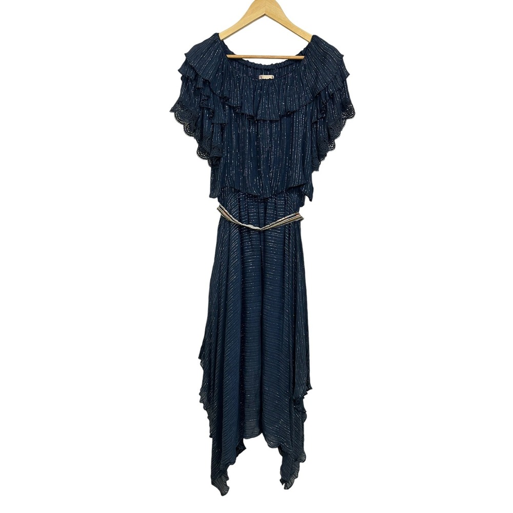 Anthropologie Verb Pallavi Singhee off shoulder blue metallic maxi dress S